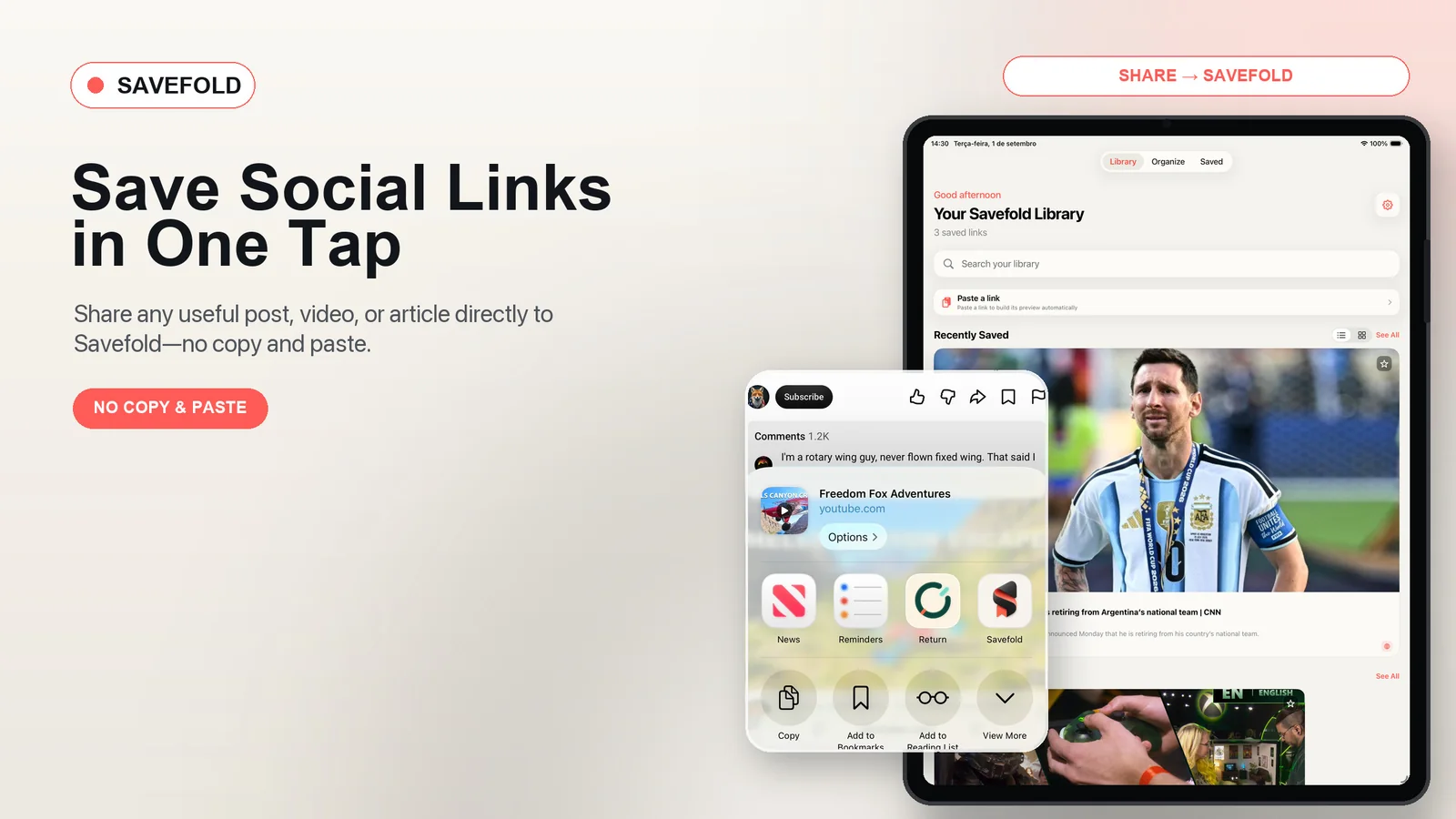 Savefold on iPad showing a social link shared directly into the library