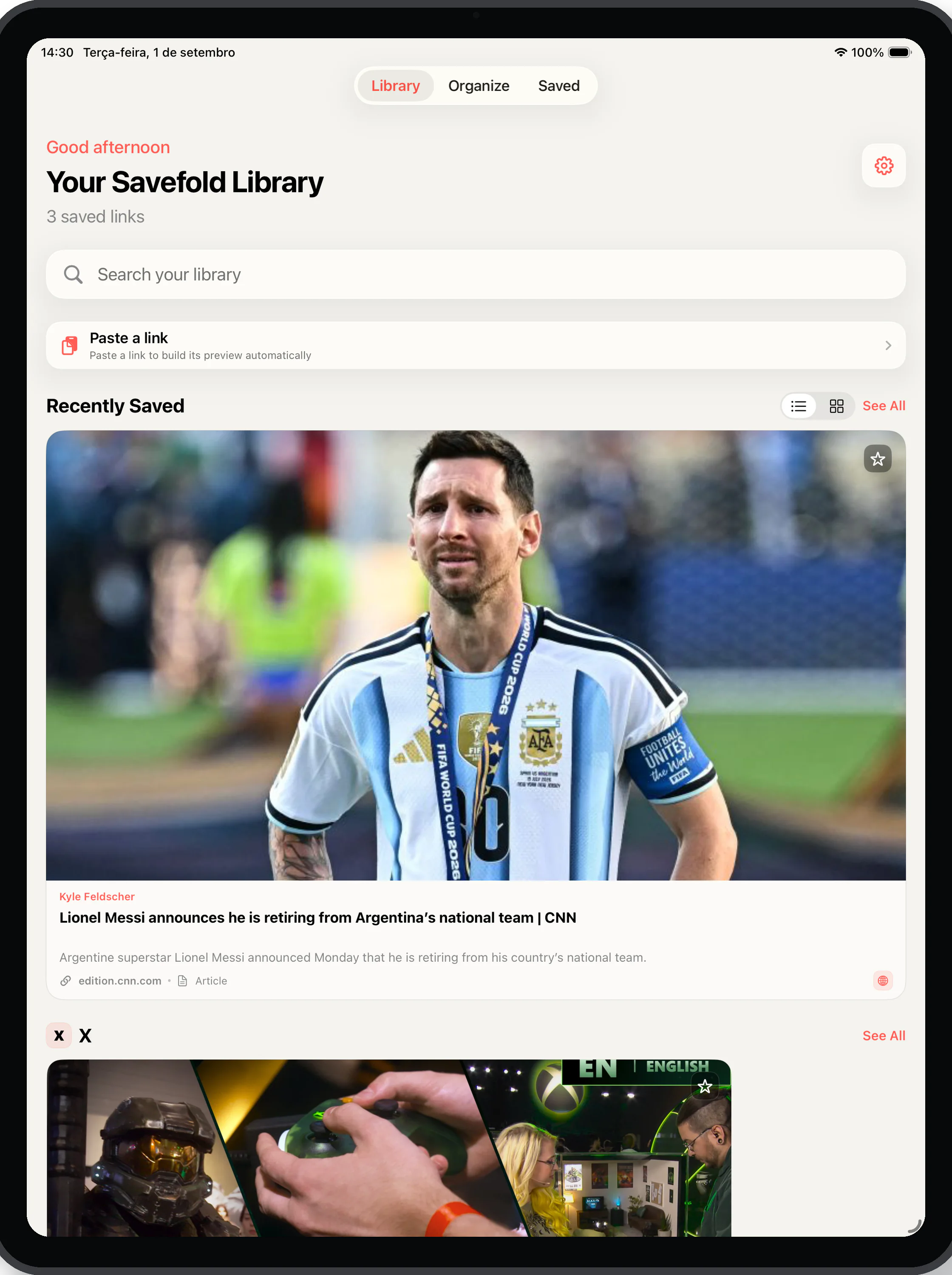 Savefold Library screen on iPad
