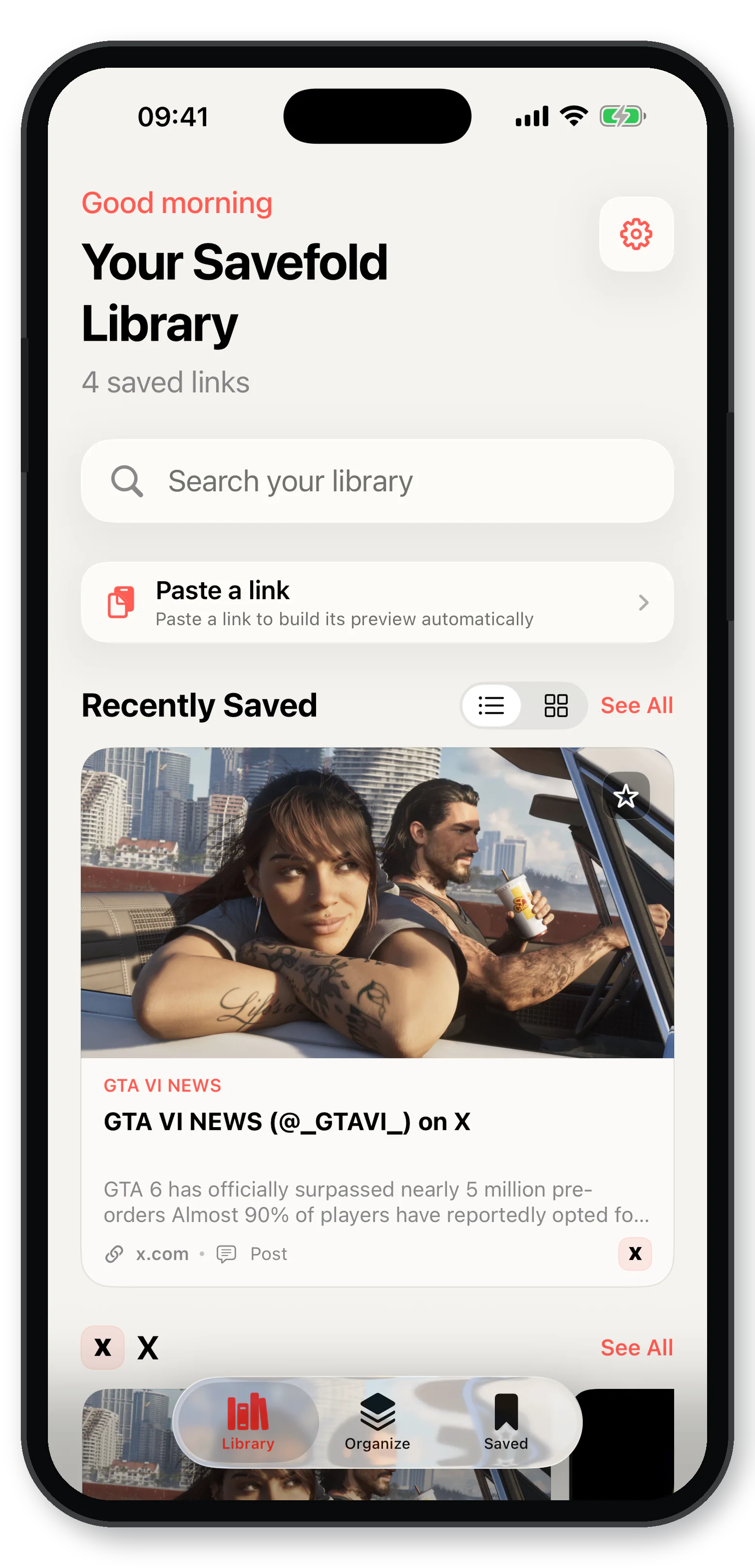 Savefold Library showing a saved GTA VI News link