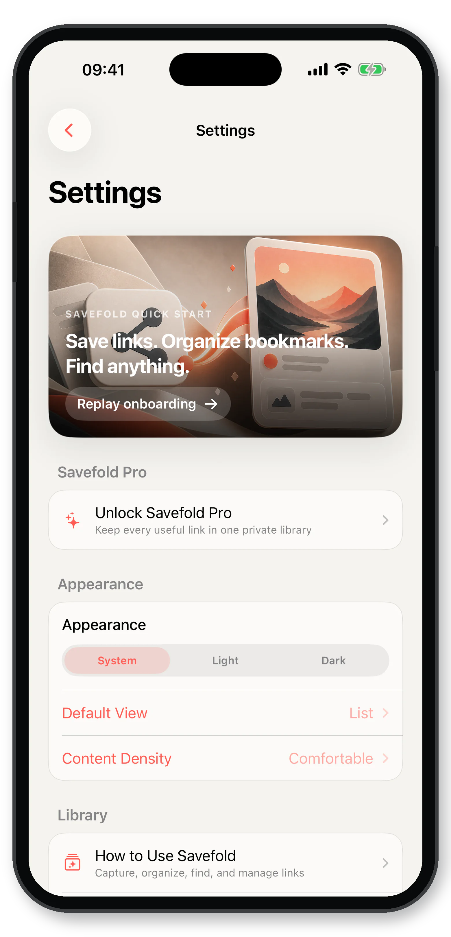 Savefold settings screen showing privacy and backup controls
